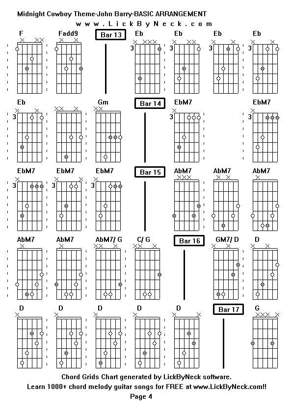 Chord Grids Chart of chord melody fingerstyle guitar song-Midnight Cowboy Theme-John Barry-BASIC ARRANGEMENT,generated by LickByNeck software.